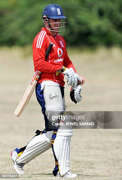 England's cricket team captain Andrew Strauss leaves the net after batting during a practice session in St John's on February 14, 2009. West Indies...