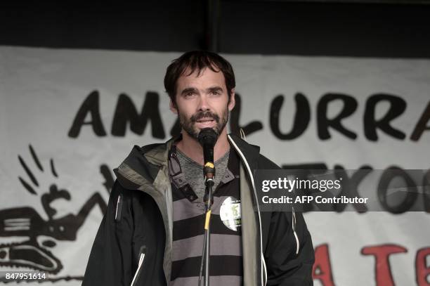 Pampi Olaizola, representative of producers of Espelette pepper, delivers a speech during a demonstration to protest against a project of the Sudmine...