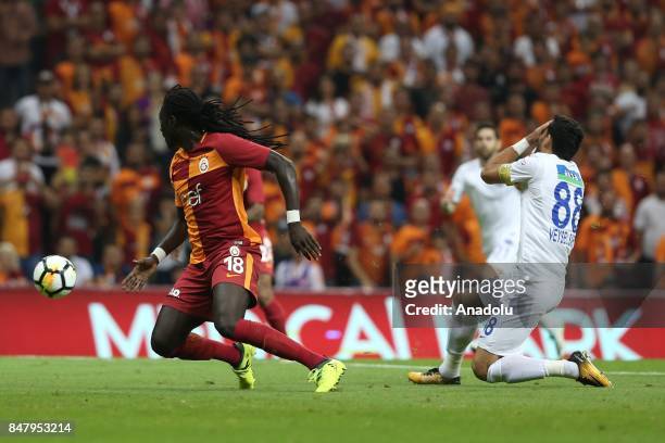 Gomis of Galatasaray in action against Veysel Sari of Kasimpasa during the fifth week of the Turkish Super Lig match between Galatasaray and...