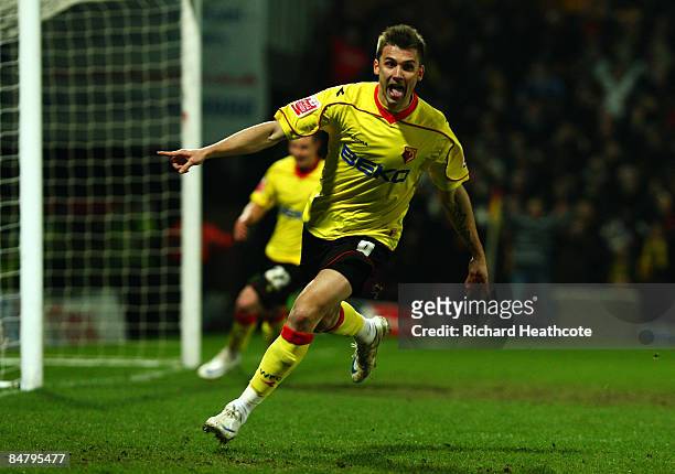 Tamas Priskin of Watford celebrates scoring his team's first goal during the FA Cup sponsored by E.ON 5th Round match between Watford and Chelsea at...