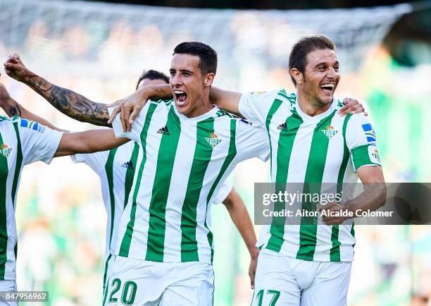 Joaquin Sanchez of Real Betis Balompie celebrates after scoring with Cristian Tello of Real Betis Balompie during the La Liga match between Real...