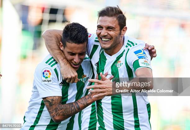 Joaquin Sanchez of Real Betis Balompie celebrates after scoring with Cristian Tello of Real Betis Balompie during the La Liga match between Real...