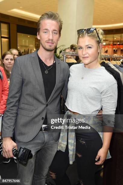 German fitness influencer Sophia Thiel and her bofriend Charlie during the 'Charity Promi Flohmarkt' at Mall of Berlin shopping mall on September 16,...