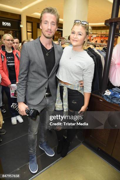 German fitness influencer Sophia Thiel and her bofriend Charlie during the 'Charity Promi Flohmarkt' at Mall of Berlin shopping mall on September 16,...