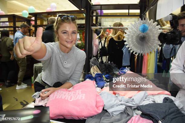 German fitness influencer Sophia Thiel during the 'Charity Promi Flohmarkt' at Mall of Berlin shopping mall on September 16, 2017 in Berlin, Germany.