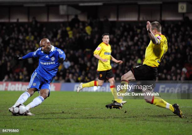 Nicolas Anelka of Chelsea scores his third goal during the FA Cup sponsored by E.ON 5th Round match between Watford and Chelsea at Vicarage Road on...