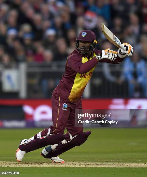 Marlon Samuels of the West Indies bats during the NatWest T20 International match between England and the West Indies at Emirates Durham ICG on...