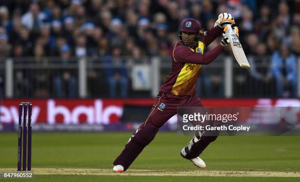 Marlon Samuels of the West Indies bats during the NatWest T20 International match between England and the West Indies at Emirates Durham ICG on...