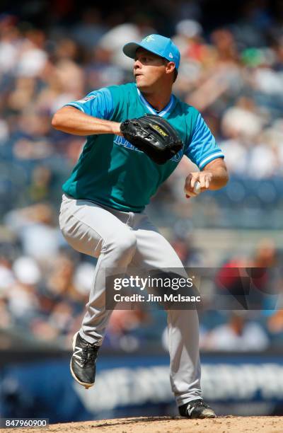 Andrew Albers of the Seattle Mariners in action against the New York Yankees at Yankee Stadium on August 27, 2017 in the Bronx borough of New York...