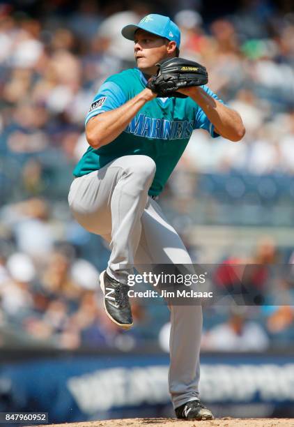 Andrew Albers of the Seattle Mariners in action against the New York Yankees at Yankee Stadium on August 27, 2017 in the Bronx borough of New York...