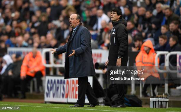 Newcastle manager Rafa Benitez and coach Mikel Antia react during the Premier League match between Newcastle United and Stoke City at St. James Park...