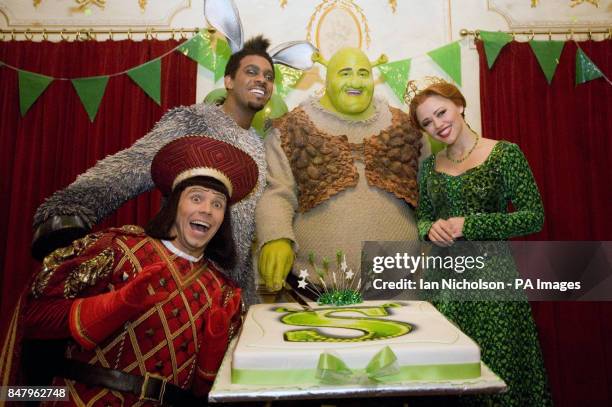 Cast members from Shrek the Musical Neil McDermott as Lord Farquaad, Richard Blackwood as Donkey, Dean Chisnall as Shrek and Kimberley Walsh as...