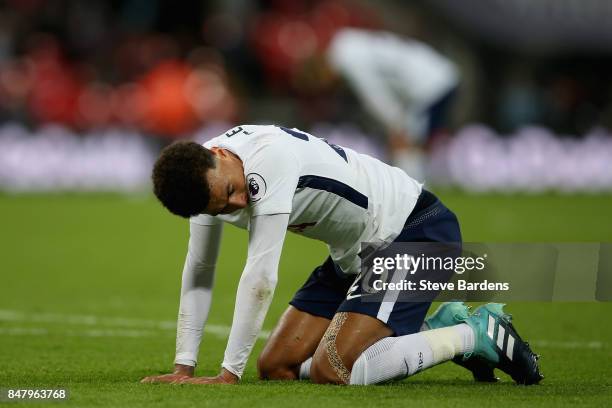 Dele Alli of Tottenham Hotspur looks dejected after the Premier League match between Tottenham Hotspur and Swansea City at Wembley Stadium on...