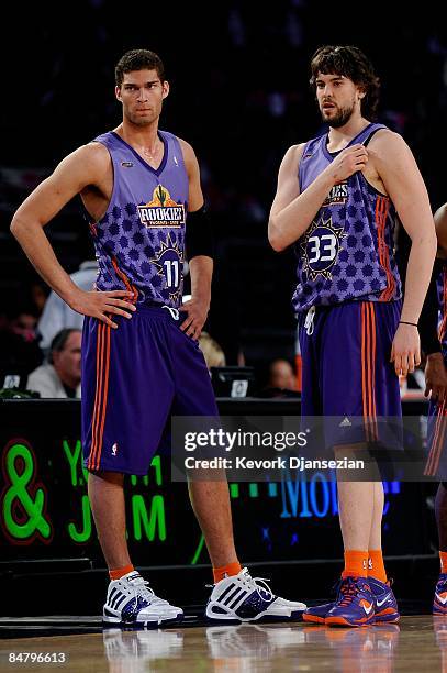 Brook Lopez and Marc Gasosl of the Rookie team stand near the sideline during the T-Mobile Rookie Challenge & Youth Jam part of 2009 NBA All-Star...