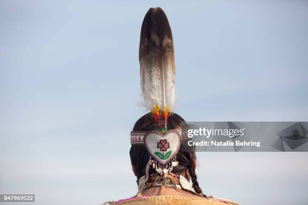 Members of Native American tribes take part in a tribal ceremonial dancing competition at the Pendleton Round-Up on September 16, 2017 in Pendleton,...