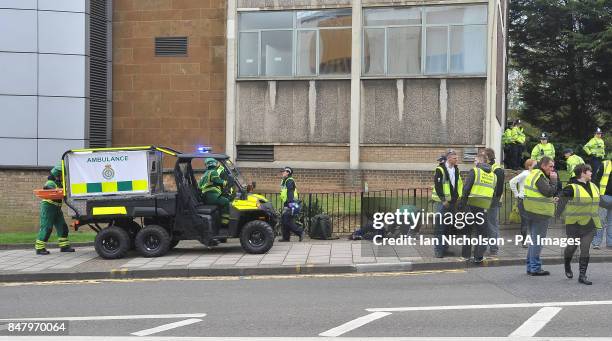 Paramedics use a Polaris 6x6 atv ambulance during a demonstration in Luton town centre.