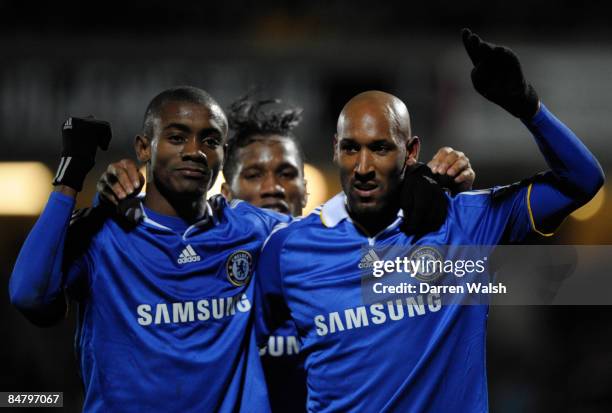 Nicolas Anelka of Chelsea celebrates scoring his team's third goal during the FA Cup sponsored by E.ON 5th Round match between Watford and Chelsea at...