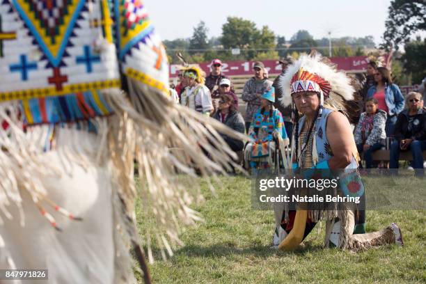 Members of Native American tribes take part in a tribal ceremonial dancing competition at the Pendleton Round-Up on September 16, 2017 in Pendleton,...