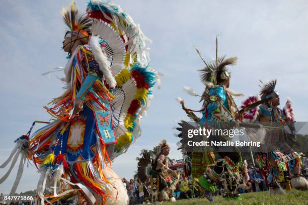Members of Native American tribes take part in a tribal ceremonial dancing competition at the Pendleton Round-Up on September 16, 2017 in Pendleton,...