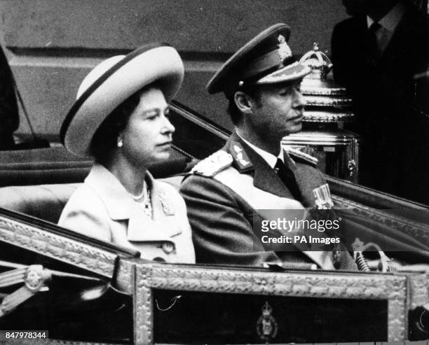 *Scanned low-res from print, high-res available on request* Queen Elizabeth II with Prince Jean, Grand Duke of Luxembourg, in an open carriage as...