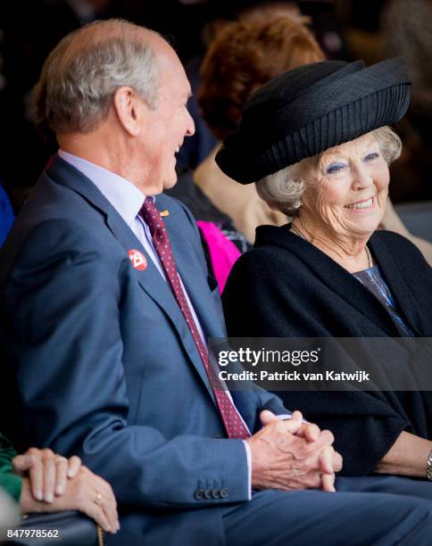 Princess Beatrix of The Netherlands with museum founder Jos de Pont opens the jubilee Exhibition WeerZien at Museum de Pont on September 16, 2017 in...