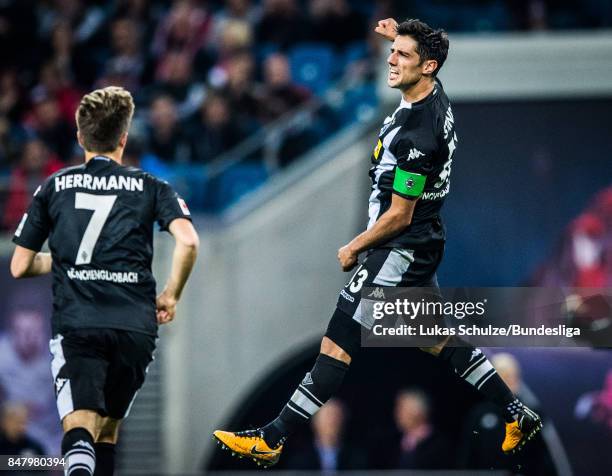 Lars Stindl of Moenchengladbach celebrates his goal during the Bundesliga match between RB Leipzig and Borussia Moenchengladbach at Red Bull Arena on...