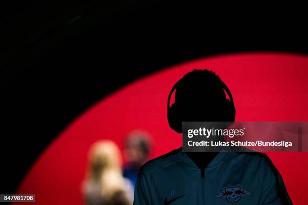 Bruma of Leipzig arrives in the player tunnel prior to the Bundesliga match between RB Leipzig and Borussia Moenchengladbach at Red Bull Arena on...