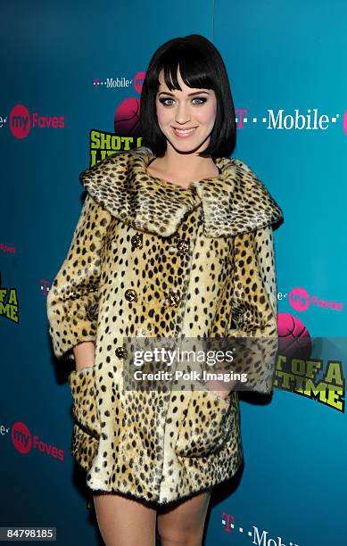 Katy Perry arrives to the celebrity launch of the T-Mobile myFaves Shot of a Lifetime sweepstakes during NBA All-Star Weekend in Scottsdale, AZ on...