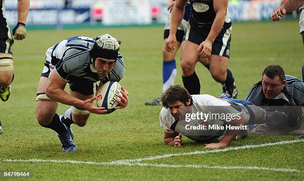 Kelly Brown of Scotland 'scores' a try which is subsequently disallowed during the RBS Six Nations Championship match between France and Scotland at...