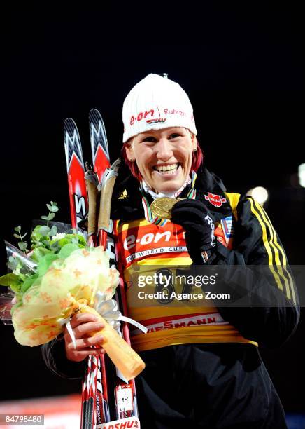 Kati Wilhelm of Germany takes 1st place during the IBU Biathlon World Championships Womens Sprint event on February 14, 2009 in Pyeong Chang, Korea.