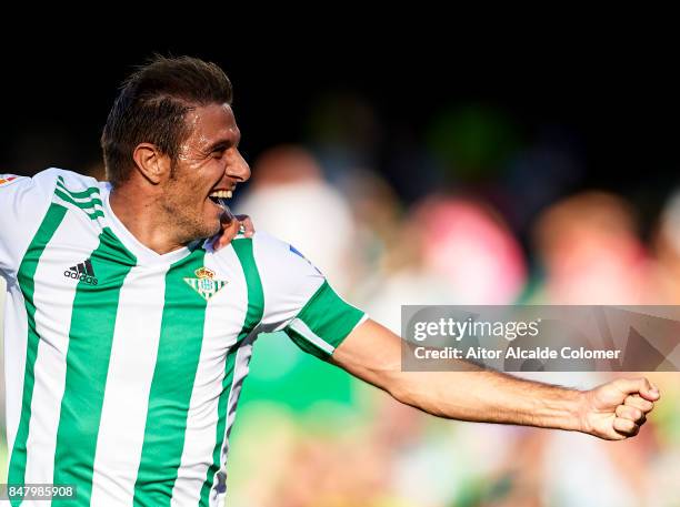 Joaquin Sanchez of Real Betis Balompie celebrates after scoring during the La Liga match between Real Betis and Deportivo La Coruna at Estadio Benito...