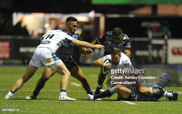Glasgow Warriors' Ruaridh Jackson is tackled by Cardiff Blues' Tom James during the Guinness Pro14 Round 3 match between Cardiff Blues and Glasgow...
