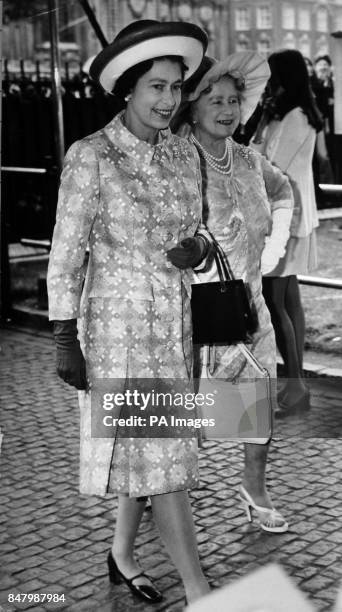 *Scanned low-res from print, high-res available on request* Queen Elizabeth II and the Queen Mother arriving at Westminster Abbey for the wedding of...