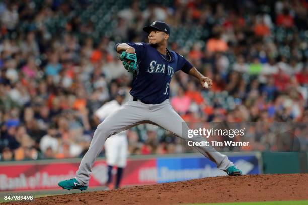 Ariel Miranda of the Seattle Mariners pitches in the sixth inning against the Houston Astros at Minute Maid Park on September 16, 2017 in Houston,...