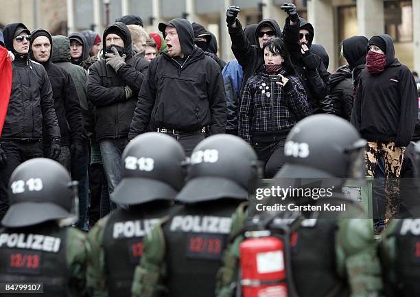 German riot police block left-wing protestors during a rally against a far-right march on February 14, 2009 in Dresden, Germany. Reportedly over...