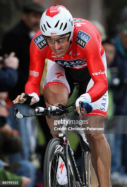 Fabian Cancellara of Switzerland, riding for Team Saxo Bank, competes in the Prologue of the AMGEN Tour of California on February 14, 2009 in...