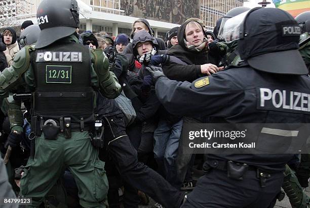 German riot police block left-wing protestors during a rally against a far-right march on February 14, 2009 in Dresden, Germany. Reportedly over...