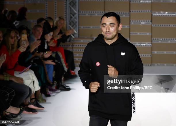 Designer Nicola Formichetti walks the runway at the end of the Nicopanda show during London Fashion Week September 2017 on September 16, 2017 in...