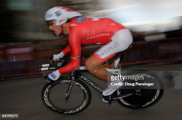 Fabian Cancellara of Switzerland and riding for Team Saxo Bank rides to a first place finish in the Prologue of the AMGEN Tour of California on...