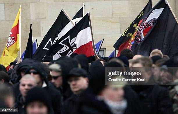 Over 5,000 right wing demonstrators march during a rally on February 14, 2009 in Dresden, Germany. Reportedly over 10,000 people attended various...