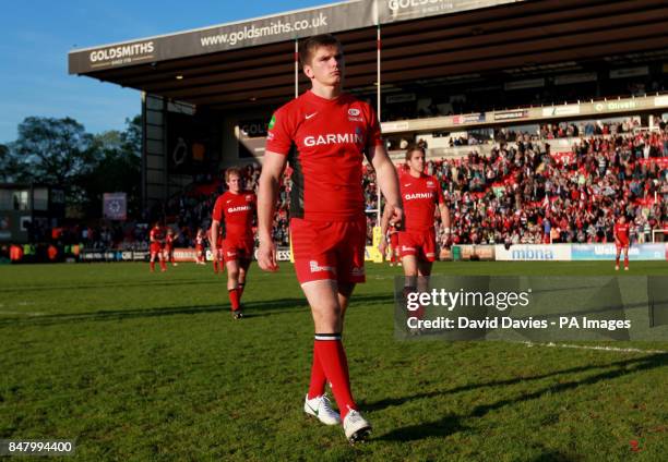 Saracens Owen Farrell makes his way off after defeat to Leicester during the Aviva Premiership Semi Final match at Welford Road, Leicester.