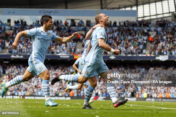 Manchester City's Pablo Zabaleta celebrates scoring the opening goal during the Barclays Premier League match at the Etihad Stadium, Manchester.