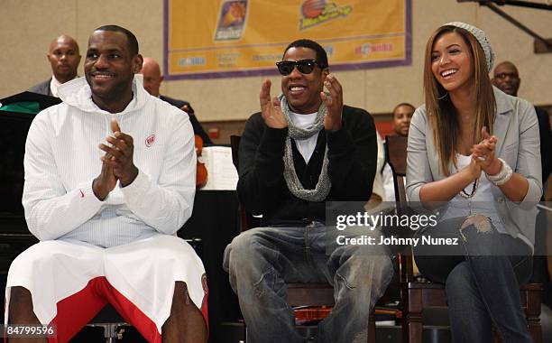 Lebron James, Jay-Z and Beyonce attend the Sprite Green Instrument Donation on February 14, 2009 in Mesa, Arizona.