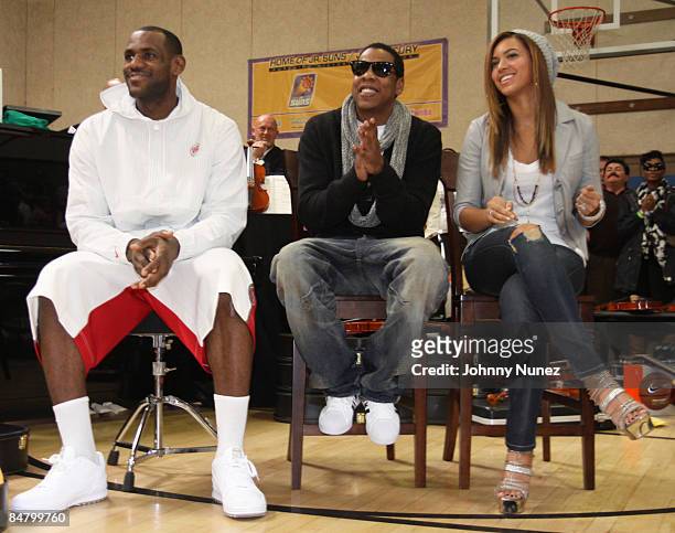 Lebron James, Jay-Z and Beyonce attend the Sprite Green Instrument Donation on February 14, 2009 in Mesa, Arizona.