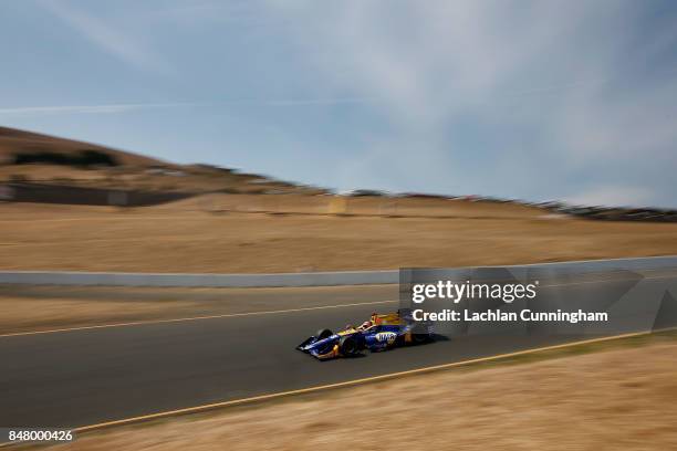 Alexander Rossi of the United States driver of the NAPA Auto Parts Honda drives during practice on day 2 of the GoPro Grand Prix of Somoma at Sonoma...