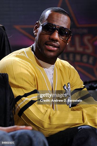 LeBron James of the Cleveland Cavaliers watches the Play Station Skills Challenge on All-Star Saturday Night, part of 2009 NBA All-Star Weekend at US...
