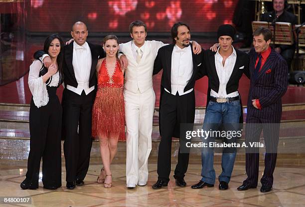 Emanuela Aureli, Stefano Bettarini, Valentina Vezzali, Emanuele Filiberto of Savoia, Alessio Di Clemente, Andrea Montovoli and Maurizio Aiello pose...