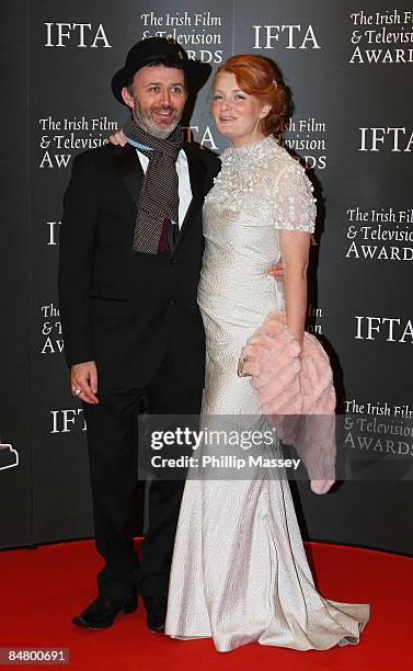 Comedian Tommy Tiernan and partner Yvonne McMahon arrive at the Irish Film & TV Awards at the Burlington Hotel on February 14, 2009 in Dublin,...