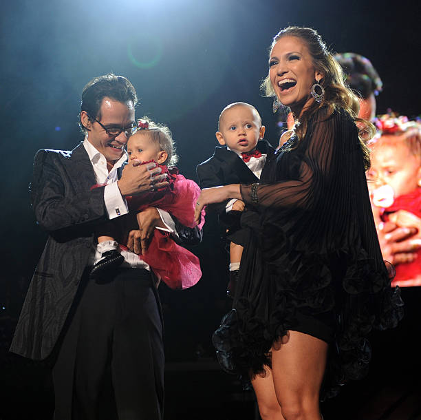Marc Anthony, Jennifer Lopez and their kids Max and Emme on stage before he performs Valentine's Day show at Madison Square Garden on February 14,...
