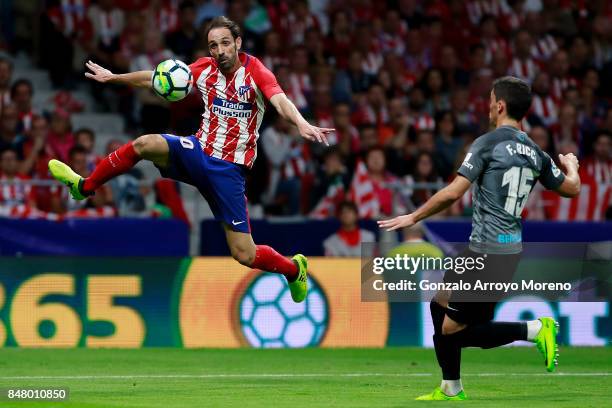 Juan Francisco Torres alias Juanfran of Atletico de Madrid competes for the ball with Federico Ricca of Malaga CF during the La Liga match between...